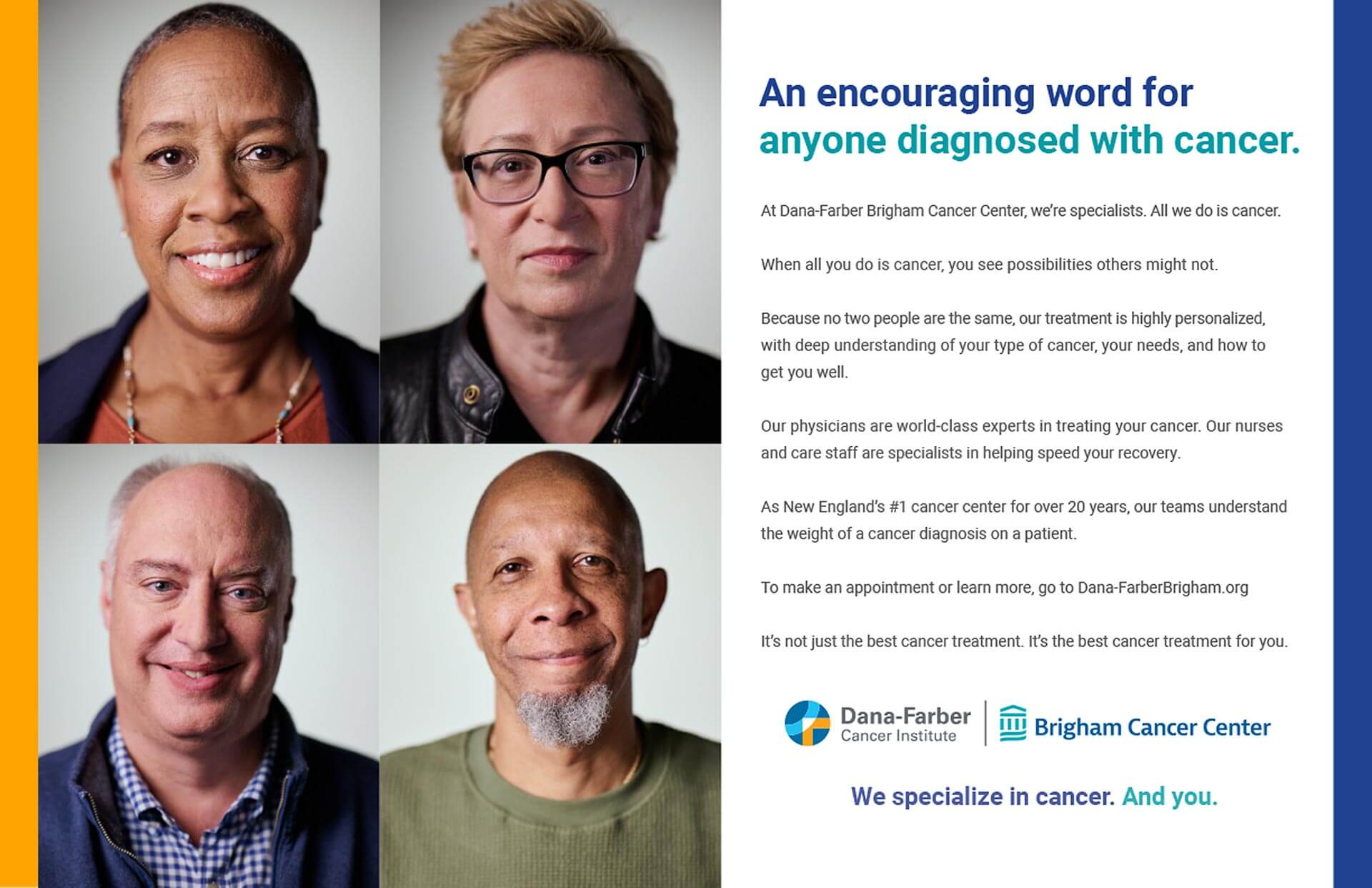dfb-ad-encouraging Dana-Farber Brigham Cancer Center. An enouraging word for anyone diagnosed with cancer.