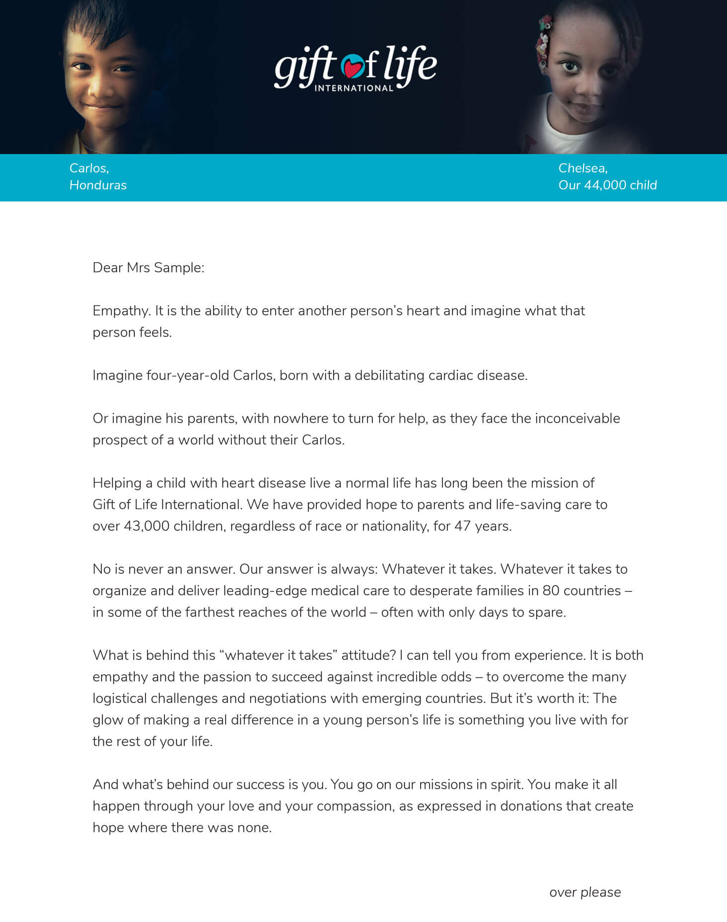 gol-letter Gift of Life. Letter front.